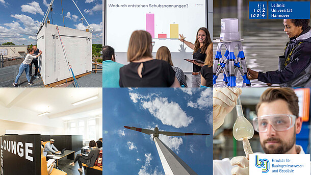 Verschiedene Szenen aus dem Bauingenieur-Studium an der Fakultät für Bauingenieurwesen und Geodäsie